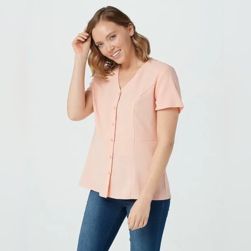Denim & Co. Soft Peach Stretchy Short Sleeve Button Up V Neck Flare Bott…
